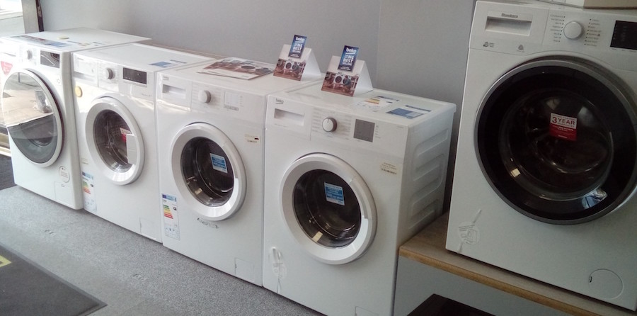 Washing machines on display in an electrical store