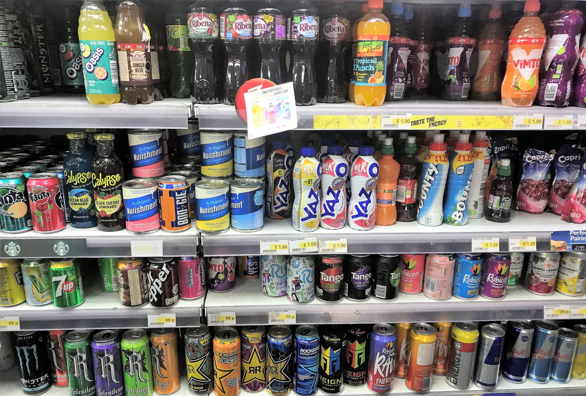 A supermarket shelf of fizzy drinks
