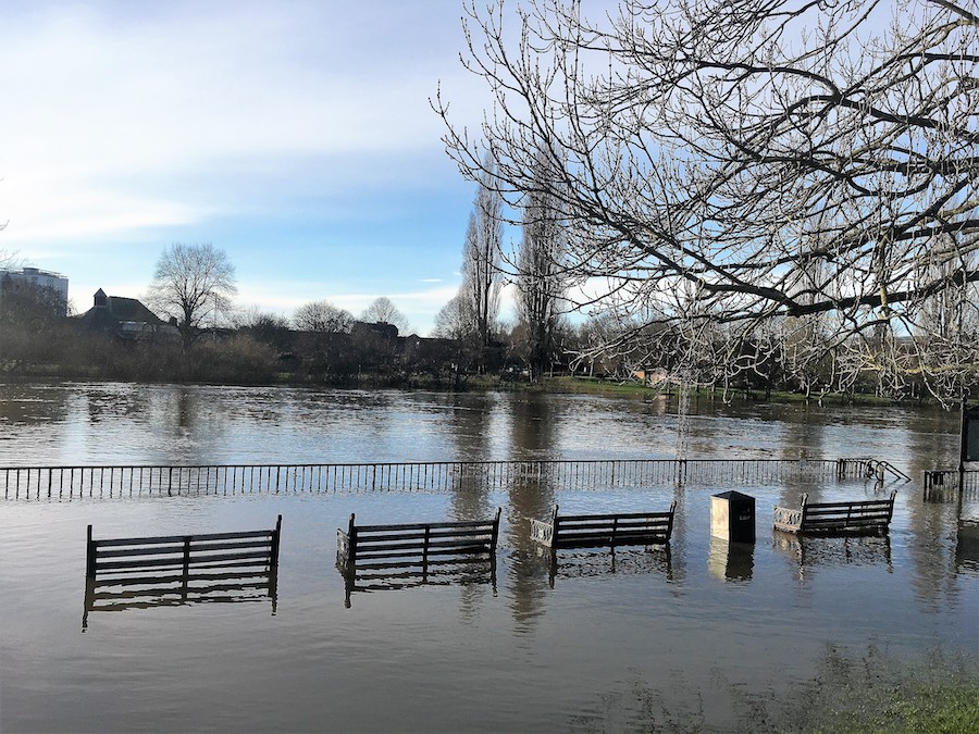 River Severn breaking its banks in Worcester