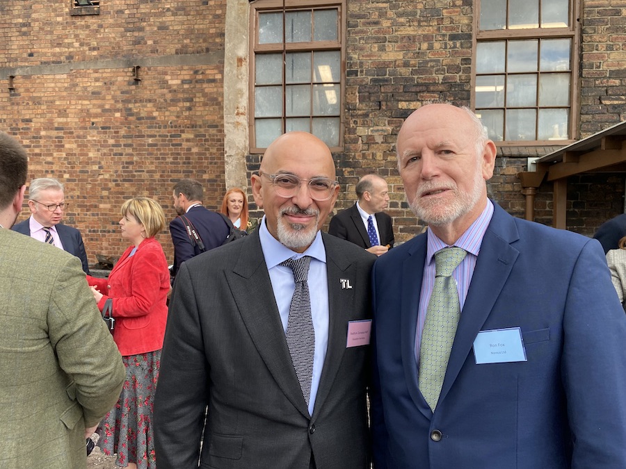 Environment expert Ron Fox (right) puts the green message over to the Secretary of State for Education, Nadhim Zahawi, MP, before the regional Cabinet meeting at Middleport Pottery in Stoke-on-Trent.